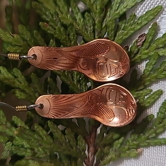 Copper Carved Hummingbird Spoon Earrings - Picture 2 of 4